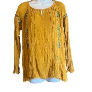 Charming Charlie Womens Small Yellow Turquoise Floral Embroidered Boho Blouse‎